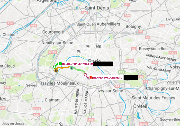 plan itinéraire ratp de Michel-Ange-Molitor à Denfert-Rochereau