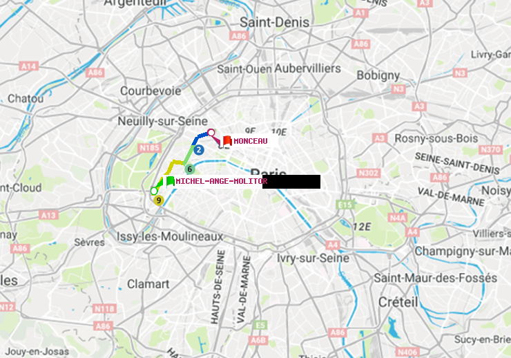 plan itinéraire ratp de Michel-Ange-Molitor à Monceau