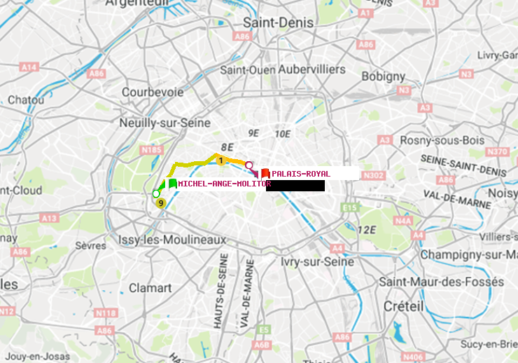 plan itinéraire ratp de Michel-Ange-Molitor à Palais-Royal (Musée du Louvre)