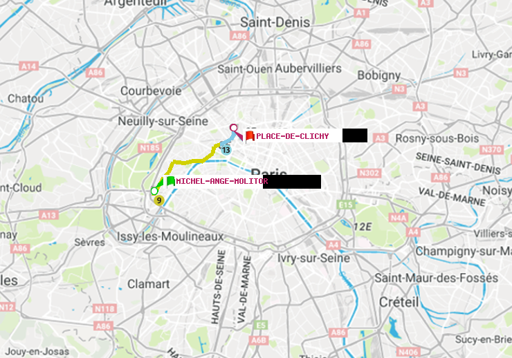 plan itinéraire ratp de Michel-Ange-Molitor à Place de Clichy