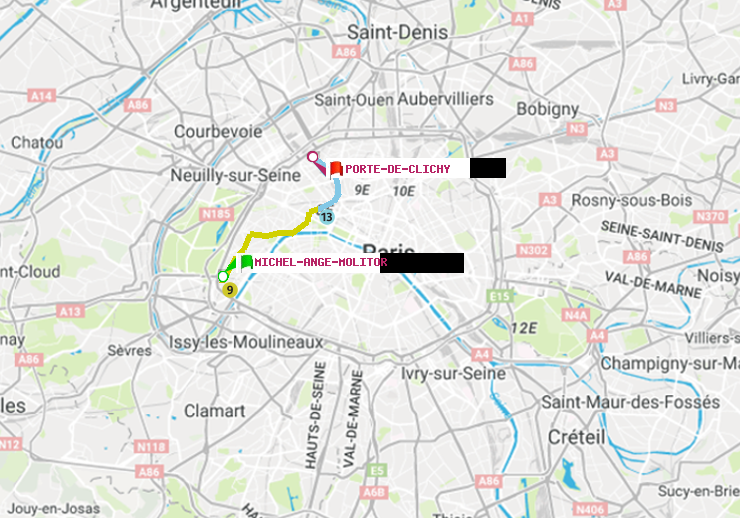 plan itinéraire ratp de Michel-Ange-Molitor à Porte de Clichy