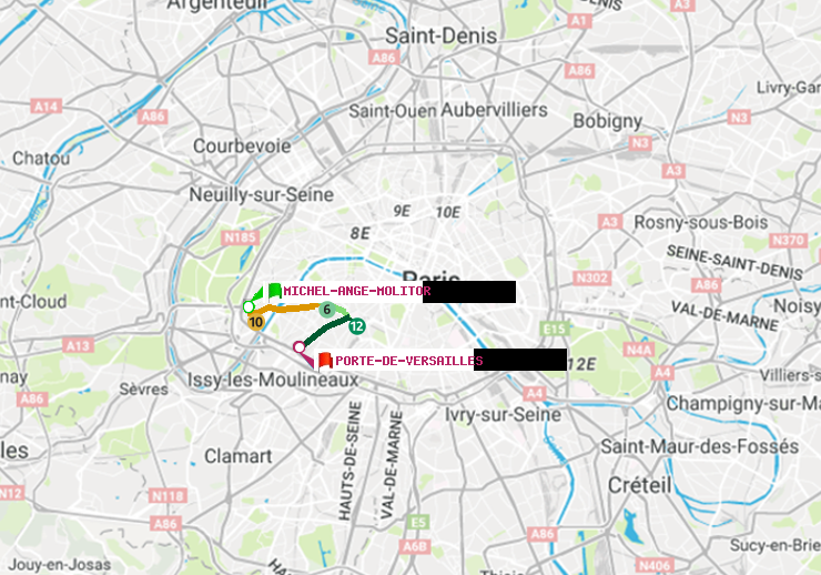 plan itinéraire ratp de Michel-Ange-Molitor à Porte de Versailles