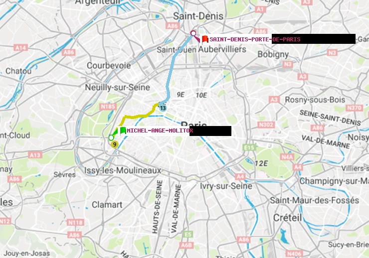 plan itinéraire ratp de Michel-Ange-Molitor à Saint-Denis-Porte de Paris