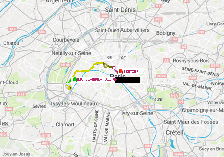 plan itinéraire ratp de Michel-Ange-Molitor à Sentier