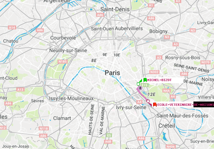 plan itinéraire ratp de Michel Bizot à Ecole Vétérinaire de Maisons-Alfort