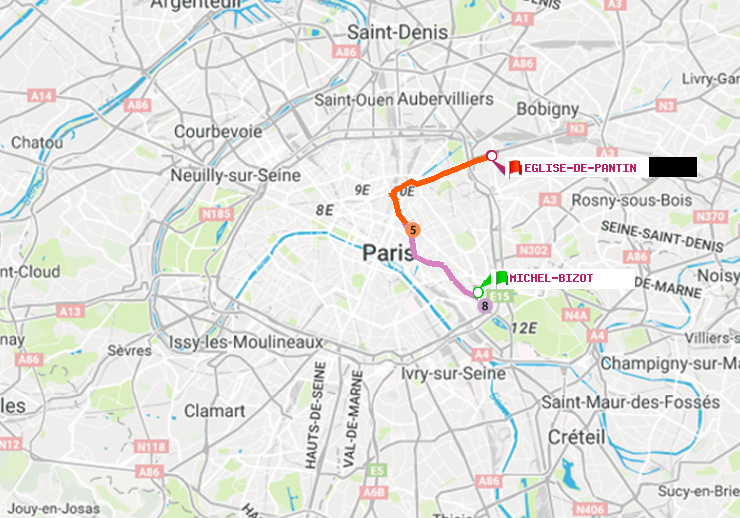 plan itinéraire ratp de Michel Bizot à Eglise de Pantin