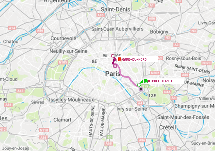 plan itinéraire ratp de Michel Bizot à Gare du Nord