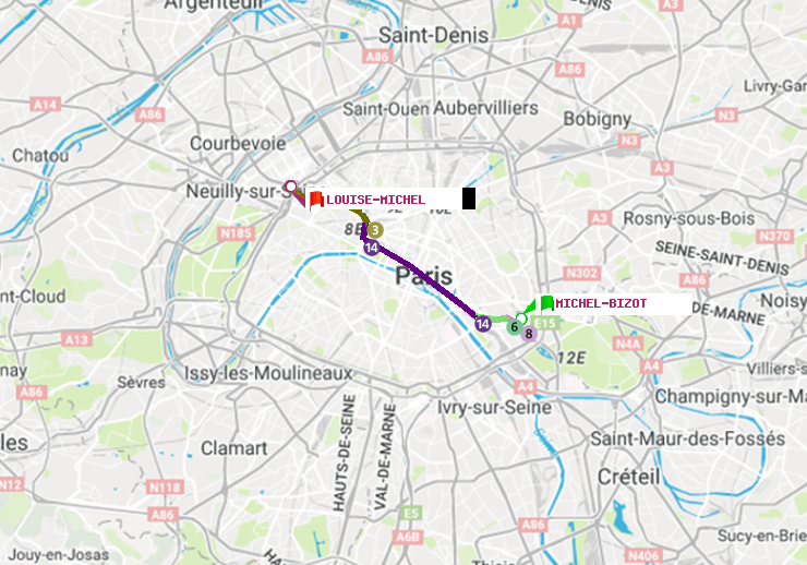 plan itinéraire ratp de Michel Bizot à Louise Michel