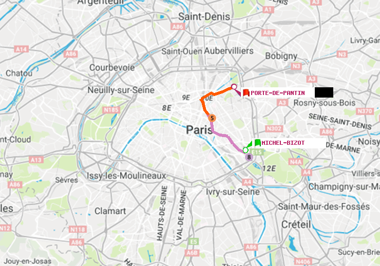 plan itinéraire ratp de Michel Bizot à Porte de Pantin
