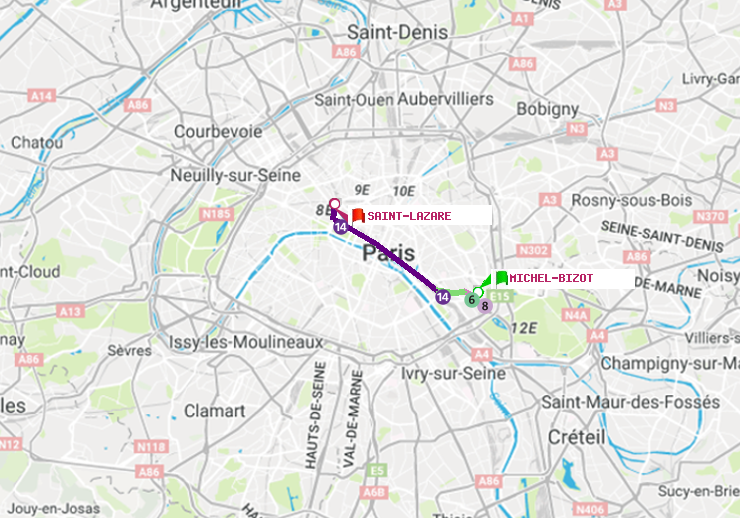 plan itinéraire ratp de Michel Bizot à Saint-Lazare