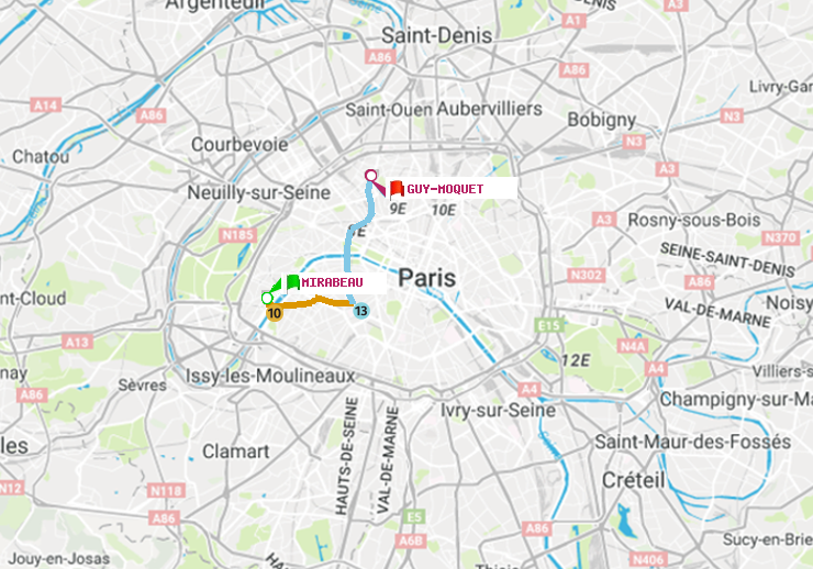 plan itinéraire ratp de Mirabeau à Guy-Môquet