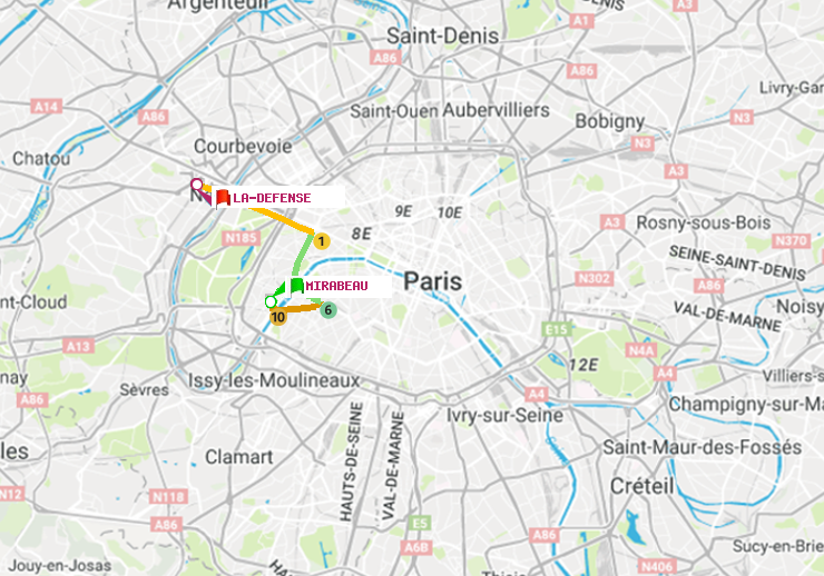 plan itinéraire ratp de Mirabeau à La Défense (Grande Arche)