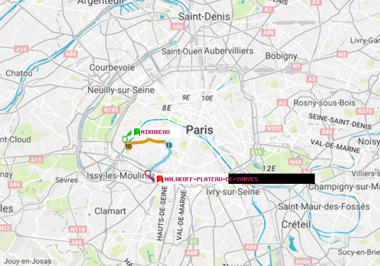 plan itinéraire ratp de Mirabeau à Malakoff-Plateau de Vanves