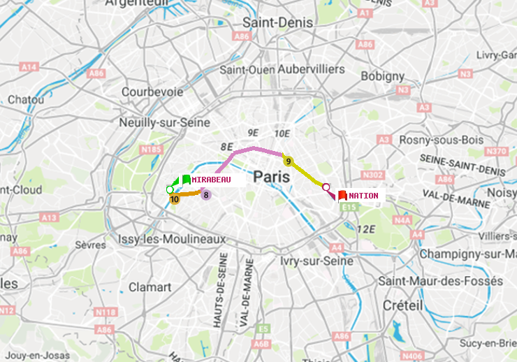 plan itinéraire ratp de Mirabeau à Nation