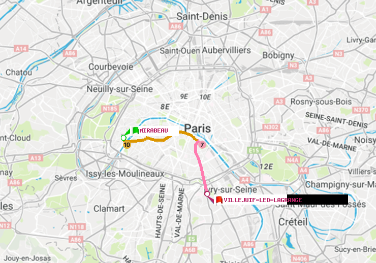 plan itinéraire ratp de Mirabeau à Villejuif-Léo Lagrange