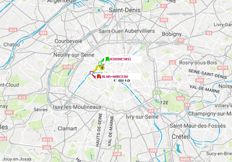 plan itinéraire ratp de Miromesnil à Alma-Marceau