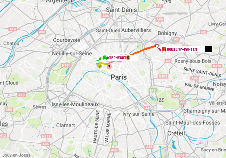 plan itinéraire ratp de Miromesnil à Bobigny-Pantin (Raymond Queneau)