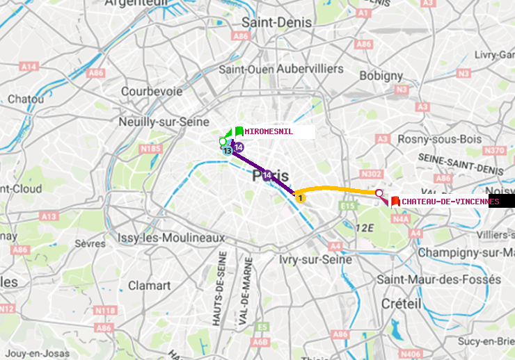 plan itinéraire ratp de Miromesnil à Château de Vincennes