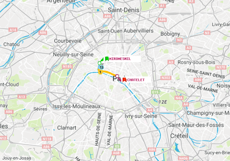 plan itinéraire ratp de Miromesnil à Châtelet
