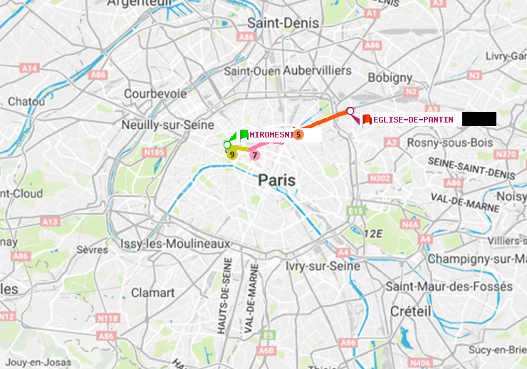 plan itinéraire ratp de Miromesnil à Eglise de Pantin