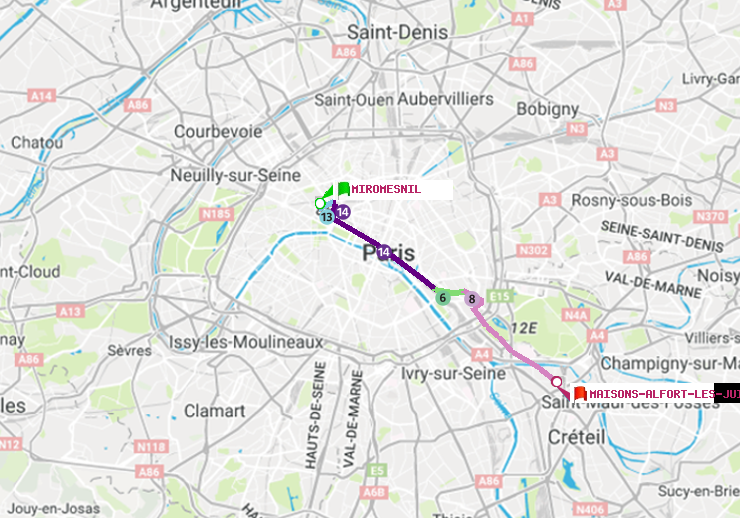 plan itinéraire ratp de Miromesnil à Maisons-Alfort-Les Juilliottes