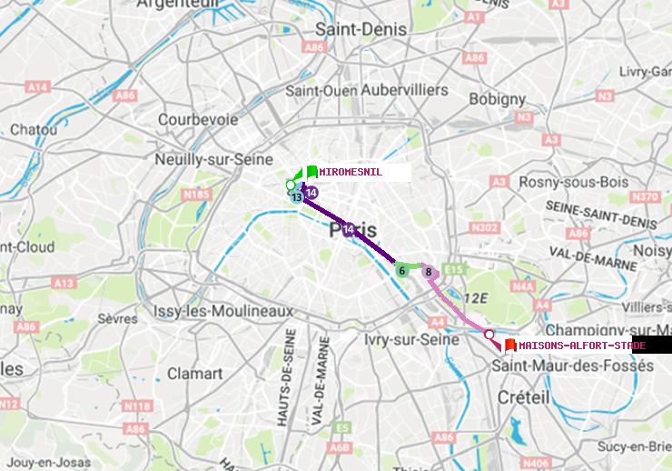 plan itinéraire ratp de Miromesnil à Maisons-Alfort-Stade