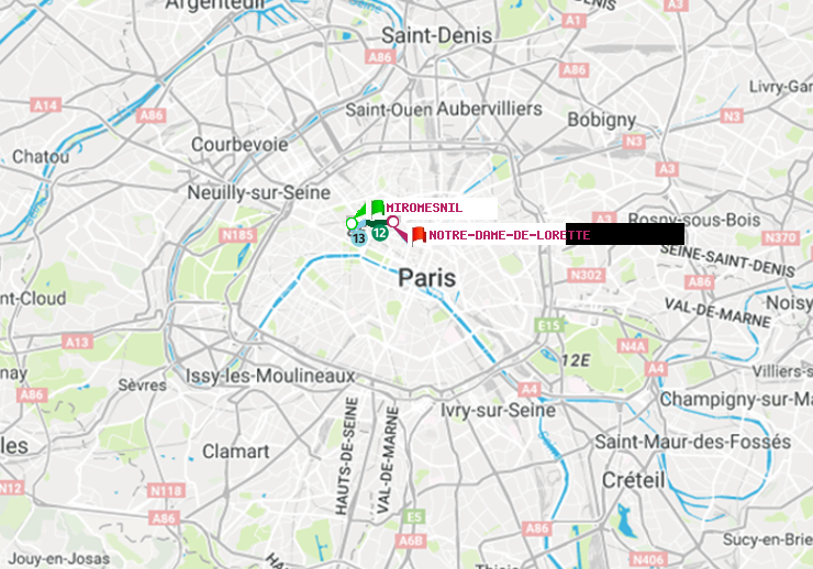 plan itinéraire ratp de Miromesnil à Notre-Dame de Lorette