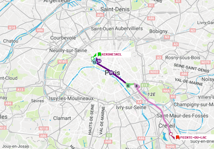 plan itinéraire ratp de Miromesnil à Pointe du Lac