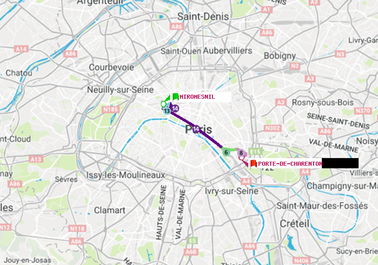 plan itinéraire ratp de Miromesnil à Porte de Charenton