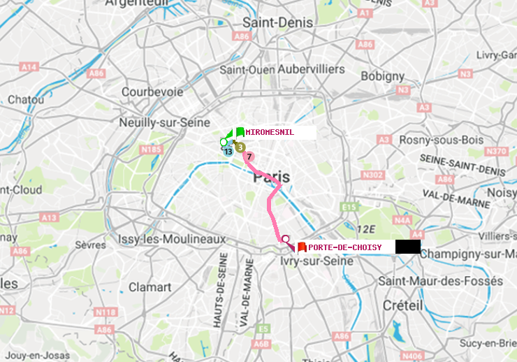 plan itinéraire ratp de Miromesnil à Porte de Choisy