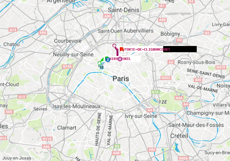 plan itinéraire ratp de Miromesnil à Porte de Clignancourt