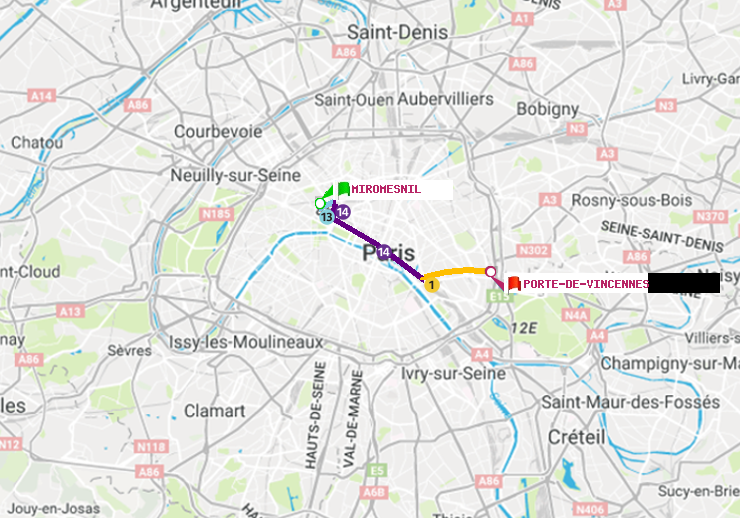 plan itinéraire ratp de Miromesnil à Porte de Vincennes