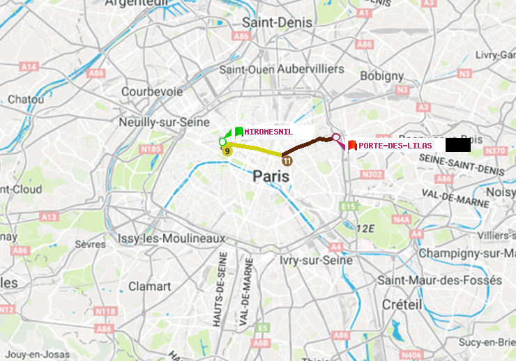 plan itinéraire ratp de Miromesnil à Porte des Lilas