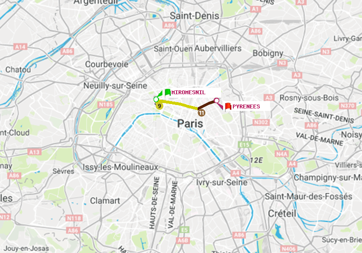 plan itinéraire ratp de Miromesnil à Pyrenees