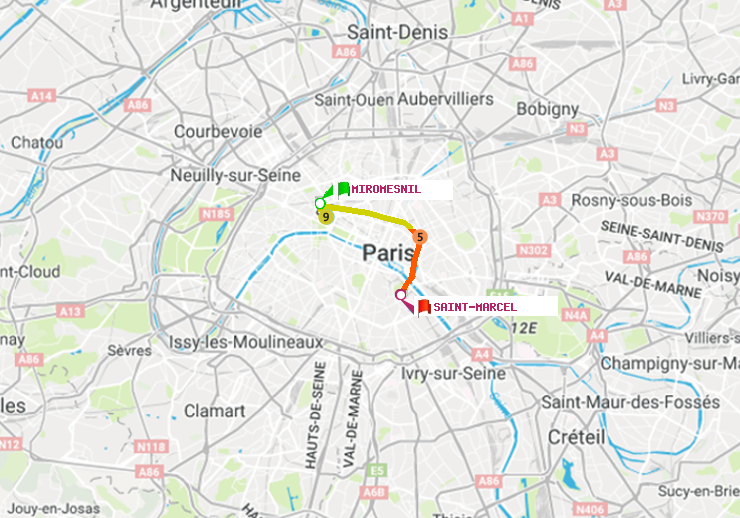 plan itinéraire ratp de Miromesnil à Saint-Marcel