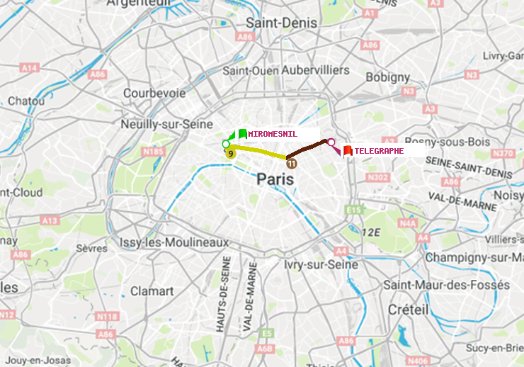 plan itinéraire ratp de Miromesnil à Telegraphe