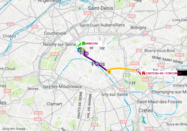 plan itinéraire ratp de Monceau à Château de Vincennes