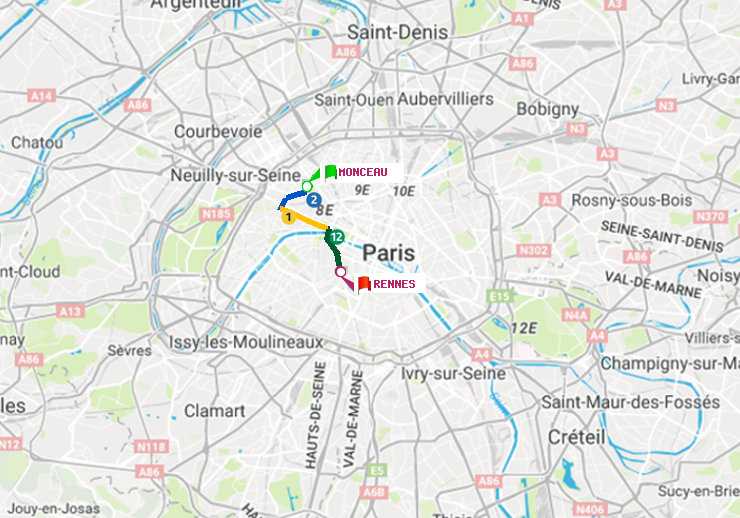 plan itinéraire ratp de Monceau à Rennes
