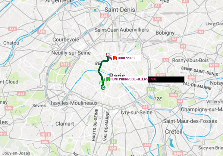 plan itinéraire ratp de Montparnasse-Bienvenue à Abbesses