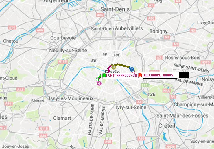 plan itinéraire ratp de Montparnasse-Bienvenue à Alexandre-Dumas