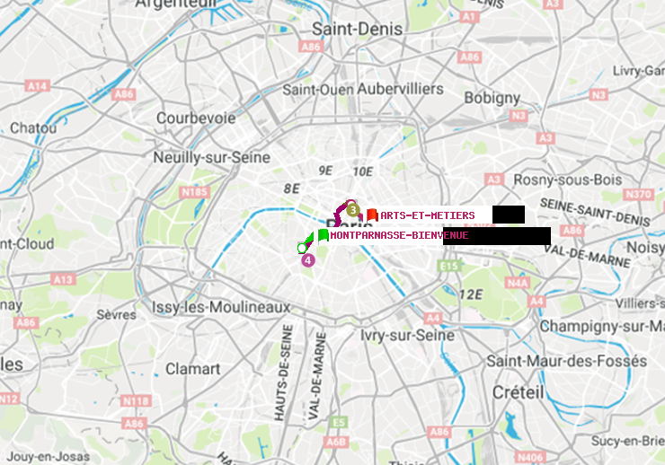 plan itinéraire ratp de Montparnasse-Bienvenue à Arts-et-Métiers