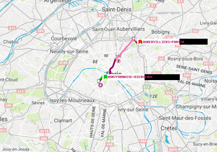 plan itinéraire ratp de Montparnasse-Bienvenue à Aubervilliers Pantin (4 Chemins)