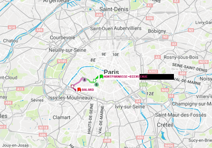 plan itinéraire ratp de Montparnasse-Bienvenue à Balard