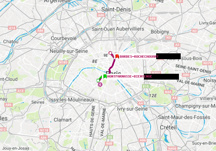 plan itinéraire ratp de Montparnasse-Bienvenue à Barbès-Rochechouart