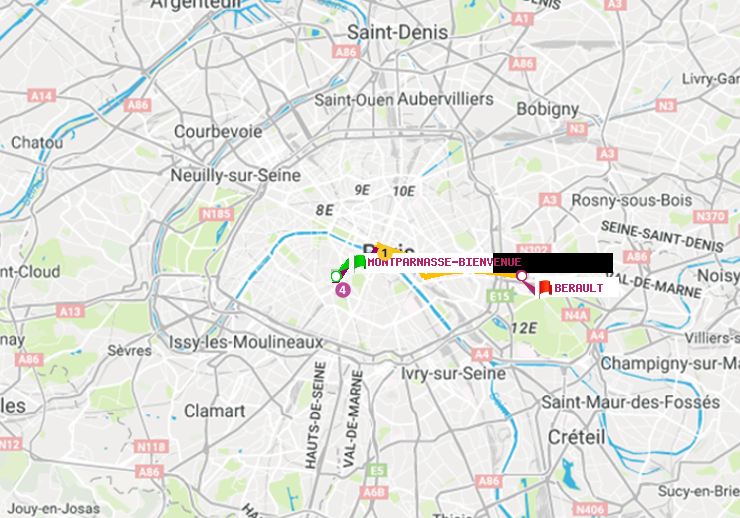 plan itinéraire ratp de Montparnasse-Bienvenue à Bérault
