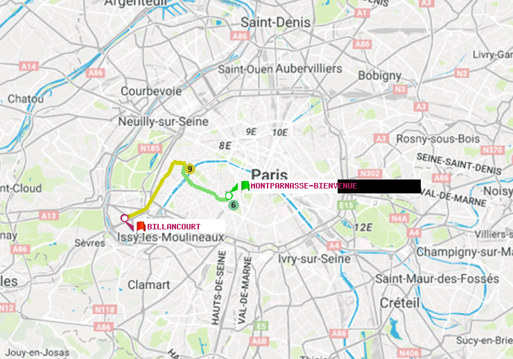 plan itinéraire ratp de Montparnasse-Bienvenue à Billancourt