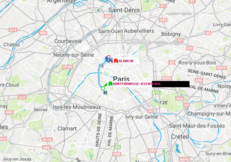 plan itinéraire ratp de Montparnasse-Bienvenue à Blanche