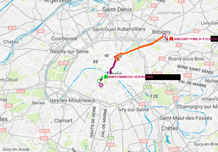 plan itinéraire ratp de Montparnasse-Bienvenue à Bobigny-Pablo-Picasso