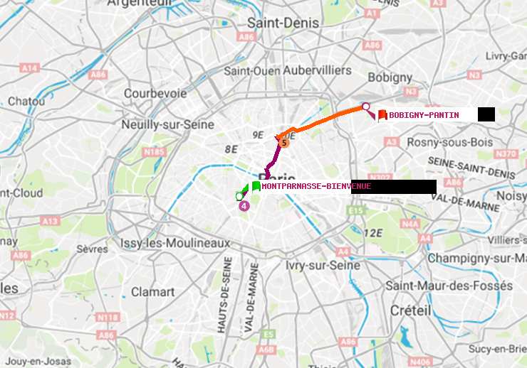 plan itinéraire ratp de Montparnasse-Bienvenue à Bobigny-Pantin (Raymond Queneau)
