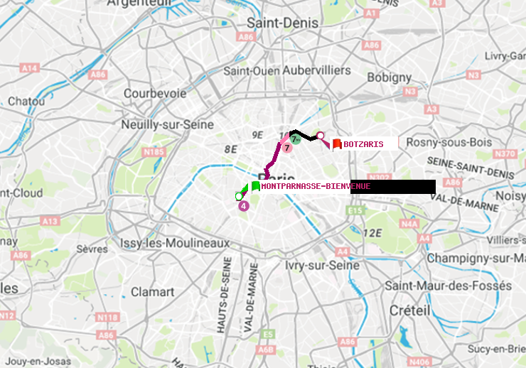 plan itinéraire ratp de Montparnasse-Bienvenue à Botzaris